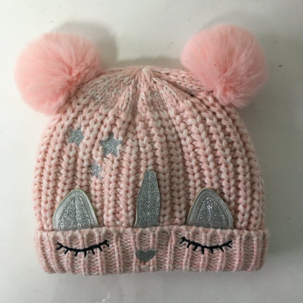 Girls Unicorn Knit Hat Pink Sliver Pom Poms Eyelashes Glitter Horn Sparkle